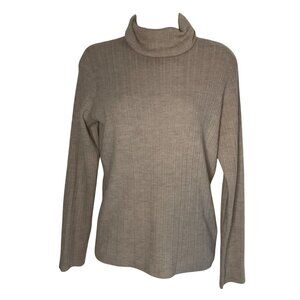 Halston Womens Medium Ribbed Turtleneck Sweater Extra Fine Merino Wool Beige